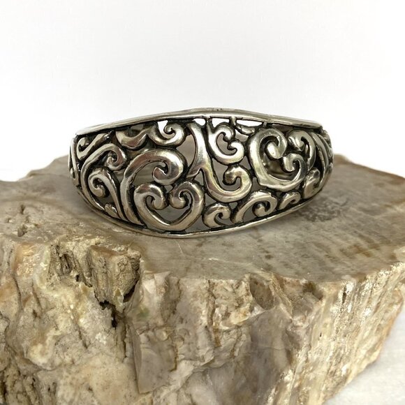 Sterling Silver 925 Chunky Openwork Scrollwork Wide Cuff Bracelet Sz 6" 36g - Picture 1 of 16
